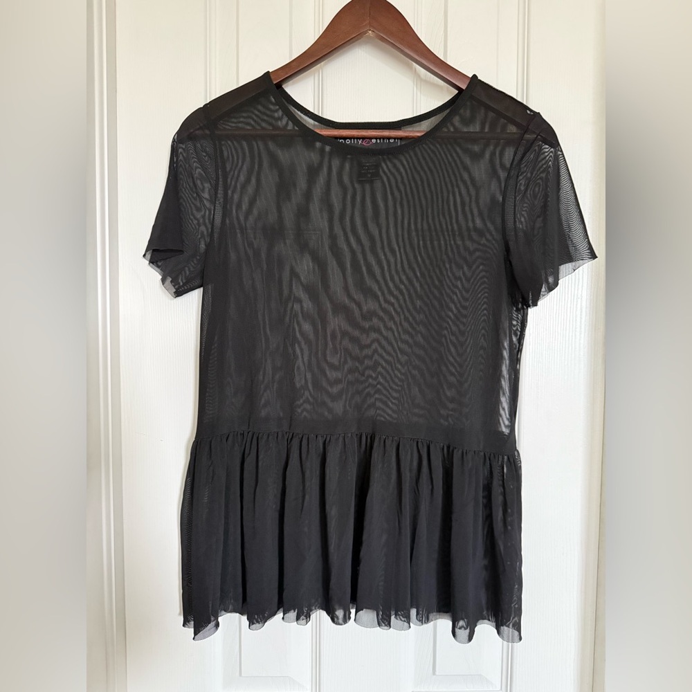 Polly & Esther Black Mesh Short Sleeve Peplum Top